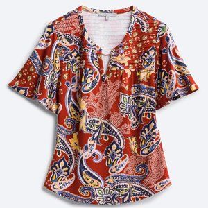 Daniel Rainn Dalma Flutter Sleeve Knit Top in Rust Paisley Print - S